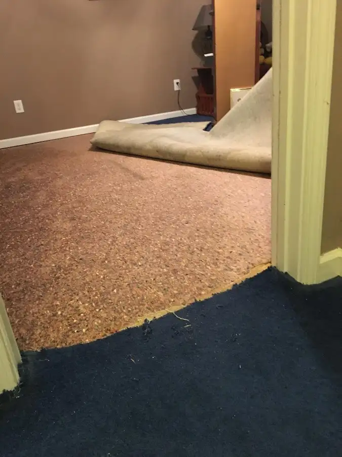 Carpet pad removal revealing water damage during Water Mitigation Services in Middle